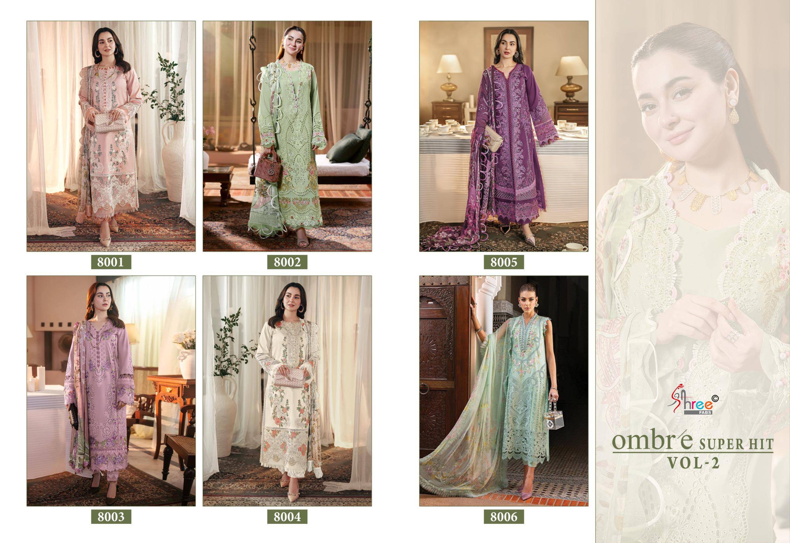  OMBRE SUPER HIT VOL-2 BY Shree Fabs 8001 TO 8006 SERIES Pakistani Stylish Embroidered Pure cotton Dresses At Wholesale Price